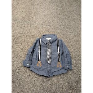 Koala Baby Boutique Boys 3M Blue Chambray Shirt Faux Suspenders Gingham Tie